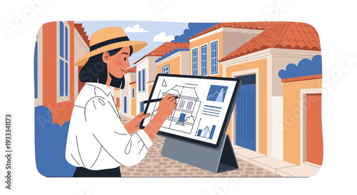Woman architect sketching building plans on tablet outdoors.