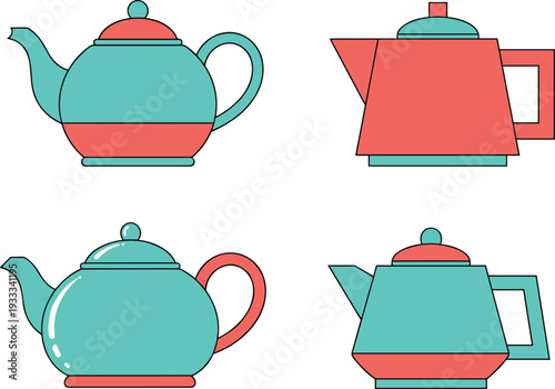 Minimalist vector set featuring classic rounded teapots and modern geometric tea kettles in mint and coral