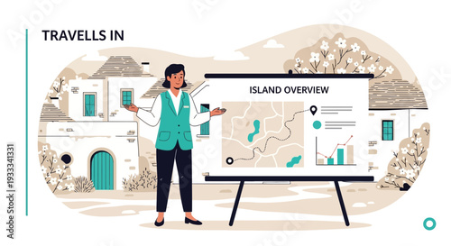 Woman presenting island overview with map and charts.