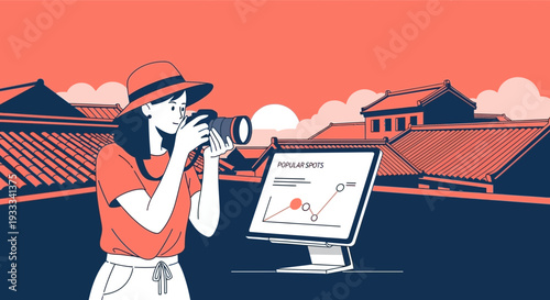 Woman taking photo of digital display with graph.