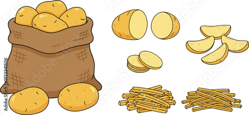 Minimalist vegetable vector set featuring a burlap sack of raw potatoes and organic farm harvest in clean line art