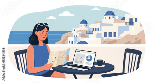 Woman working remotely on laptop at cafe table.