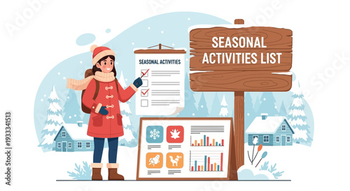 Young girl in winter clothes checking seasonal activities list.