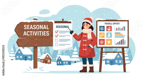 Young girl in winter coat presenting seasonal activities list.