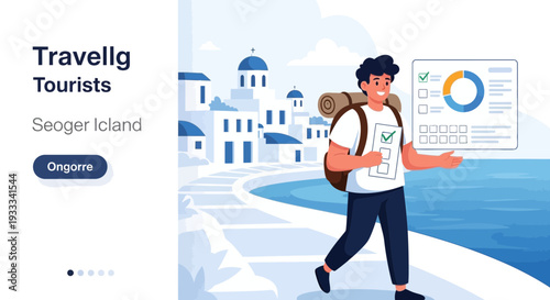 Young Man Backpacking Exploring Scenic Island Destination.