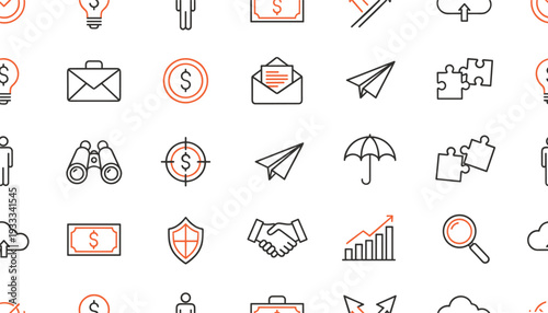 Professional business and finance icon set featuring money symbols growth charts and handshake for corporate strategy presentations and banking website design