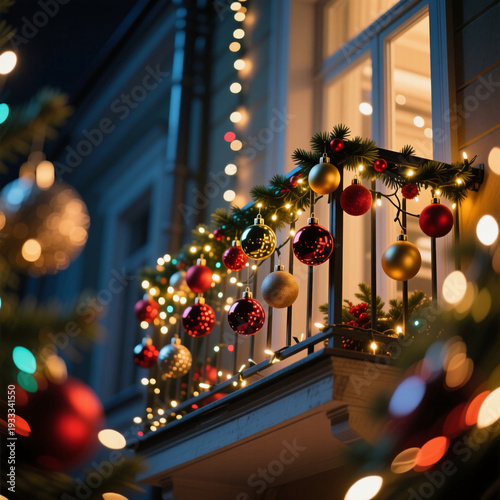 Wallpaper Mural Colorful Christmas balls hang from a winter balcony, glowing with warm lights. The night is lively with festive cheer, inviting all to share in the holiday spirit Generative AI Torontodigital.ca