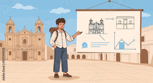 Young man presenting historical architecture with data visualization.