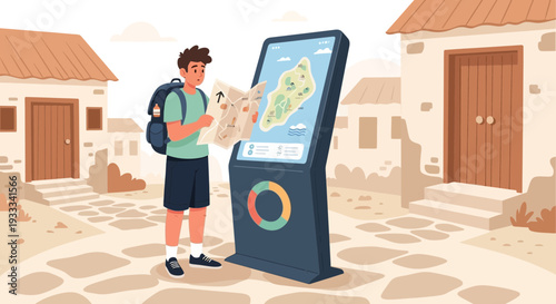 Young man with backpack consulting a digital map kiosk.