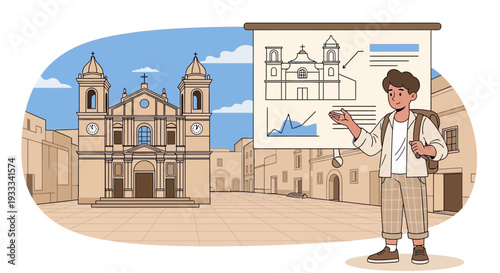 Young man presenting architectural design on screen.