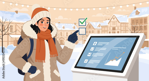 Young woman interacting with digital kiosk in winter setting.