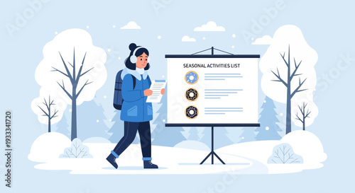 Young woman presenting goals list on a whiteboard in winter.