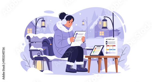 Young woman reading document on winter bench with tablet.