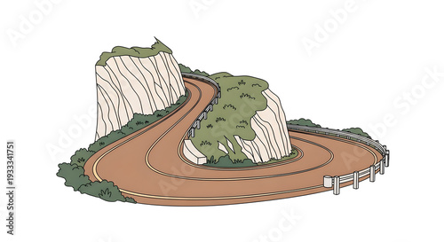 Mountain road with hairpin turn and rocky cliffs in natural landscape  