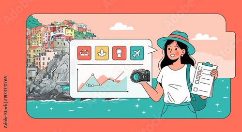 Young woman with camera and checklist planning travel adventure.