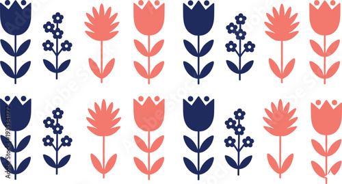 Scandinavian folk art floral vector set featuring navy and coral tulip icons in minimalist flat style for modern ethnic home decor and textile patterns