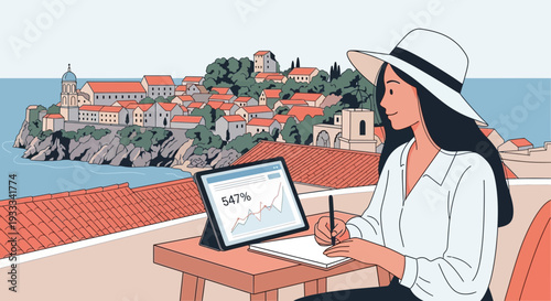 Young woman working on tablet with financial data outdoors.