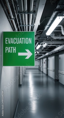 Emergency Evacuation Route Signage Directing Movement Through Industrial Corridor