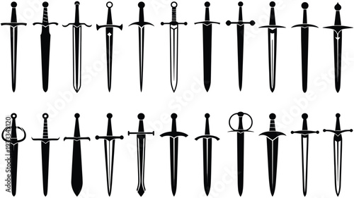 Sword Silhouette Collection – Medieval Swords and Daggers Vector Illustration with Cross Guard Designs, Black Weapon Shapes and Styles Isolated on White Background