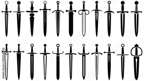 Sword Silhouette Collection – Medieval Swords and Daggers Vector Illustration with Cross Guard Designs, Black Weapon Shapes and Styles Isolated on White Background