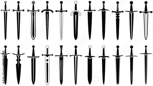 Sword Silhouette Collection – Medieval Swords and Daggers Vector Illustration with Cross Guard Designs, Black Weapon Shapes and Styles Isolated on White Background