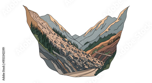 Landslide blocking mountain pass in illustrated natural scenery  