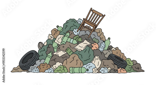 Illegal roadside garbage pile with mixed trash and discarded chair  