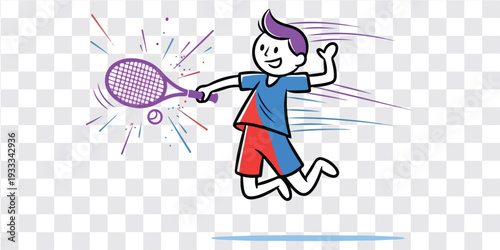 Tennis Player Cartoon Boy Action Racket Jump, Cartoon Boy Playing Tennis Energetic Racket Swing