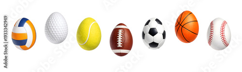 Collection of sports balls in Easter egg shape isolated on transparent background.