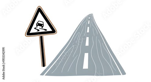 Warning sign of slippery road next to illustrated asphalt roadway  
