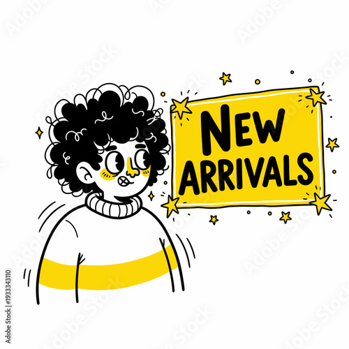 Cartoon Character with New Arrivals Sign.