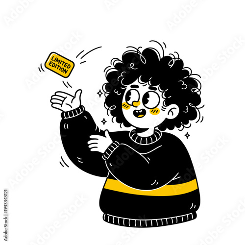 Cartoon Character Catching Gift Card in Mid Air.