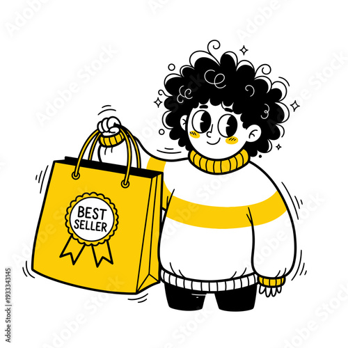 Cartoon Character Holding Yellow Shopping Bag.