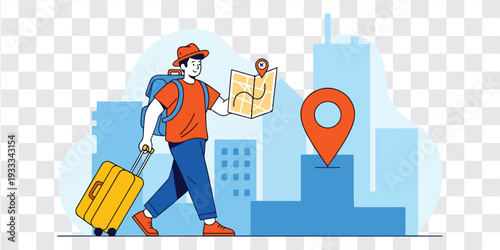 Travel Tourist Cartoon Man Map Suitcase City Skyline, Cartoon Traveler Holding Map Suitcase Urban City GPS Pin