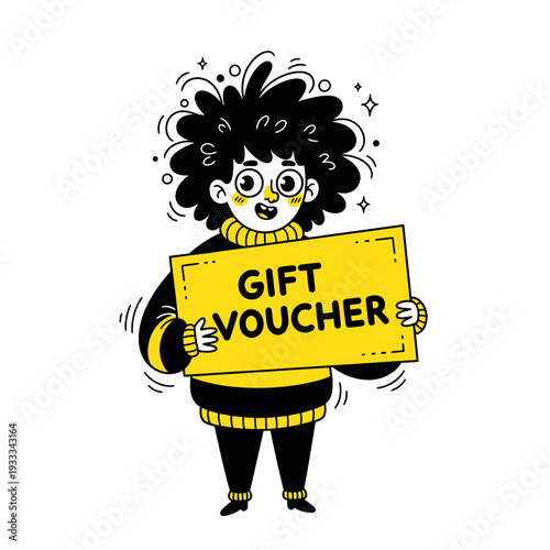 Cartoon Character Holding Gift Voucher Sign.