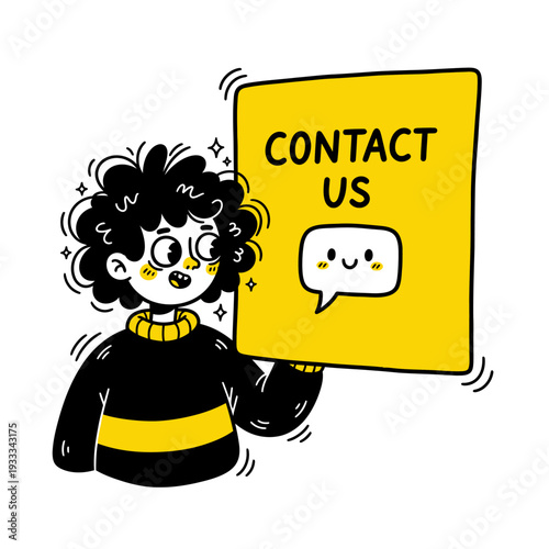 Cartoon Character Holding Contact Us Sign.
