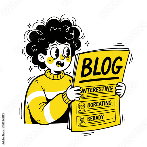 Cartoon Person Reading Blog Newspaper Article.