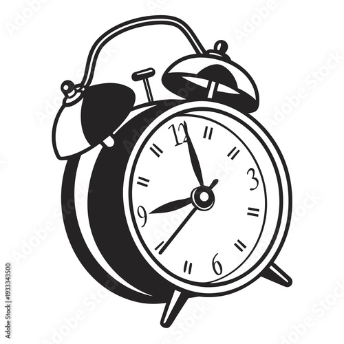 Classic metal alarm clock black and white illustration with dash marks instead of numbers on its face