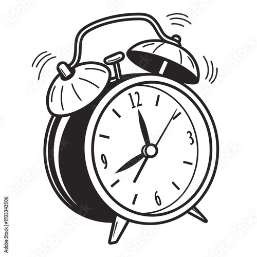 Ringing classic metal alarm clock black and white illustration. old-fashioned timepiece with bells vibrating on top