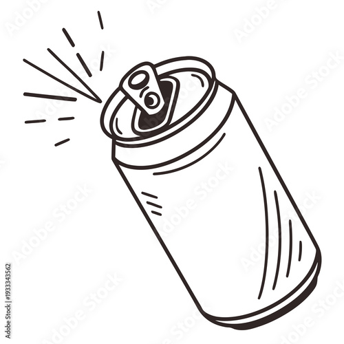 Hand drawn aluminum soda can illustration with pop tab open and carbonated spray effect in black and white doodle style for beverage drink design