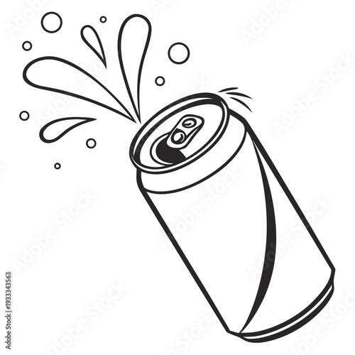 Vector line art of open soda can with liquid splash and bubbles flying out of top isolated on white background for cold beverage promotion design