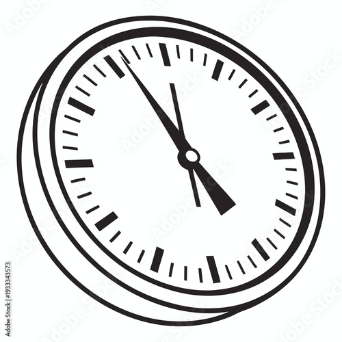 Perspective view of minimalist analog clock face showing five o clock time with black hands and markers isolated on white background for business