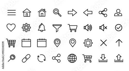 Minimal user interface navigation line icon collection vector illustration for web and mobile app design, home search settings cart heart calendar location social symbols