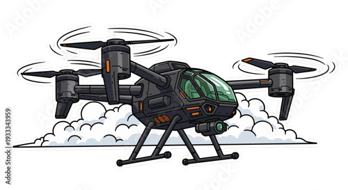 Modern drone flying through clouds with advanced technology features