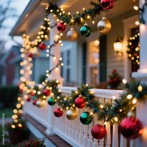 Wallpaper Mural A charming terrace showcases vibrant Christmas balls, twinkling lights, and lush greenery, creating a warm and inviting festive atmosphere under the daylight Generative AI Torontodigital.ca