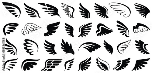 Black Wing Silhouette Vector Collection – Angel, Bird and Eagle Wings Isolated on White Background, Bold Detailed Designs for Logo, Tattoo, Sticker and Decal Use