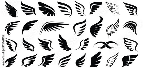 Black Wing Silhouette Vector Collection – Angel, Bird and Eagle Wings Isolated on White Background, Bold Detailed Designs for Logo, Tattoo, Sticker and Decal Use