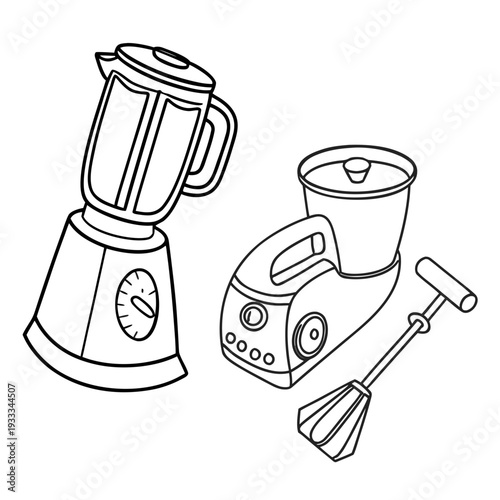 Set of kitchen appliances linear icon collection featuring blender food processor and electric whisk isolated on white background for design work