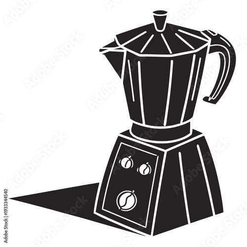 Black and white moka pot for coffee preparation with control panel, shadow on surface, brewing machine for espresso