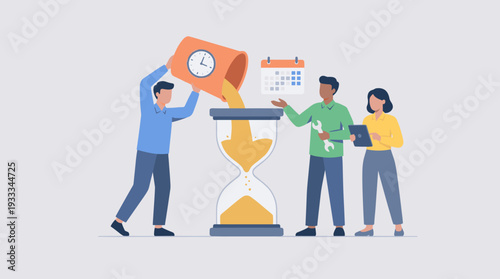 Business Team Collaborating on Time Management Concept with Large Hourglass, Pouring Sand from Clock Bucket, Planning with Calendar and Tablet for Project Deadlines and Efficiency Success.
